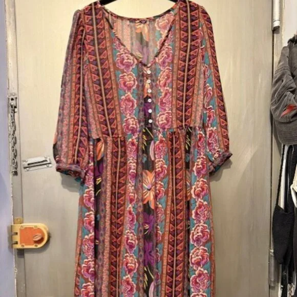 Boho Retro Chiffon Long Sleeve Geometric Floral Maxi Dresses - Picture 3 of 16